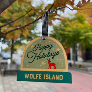 Happy Holidays Wolfe Island Wood Ornament